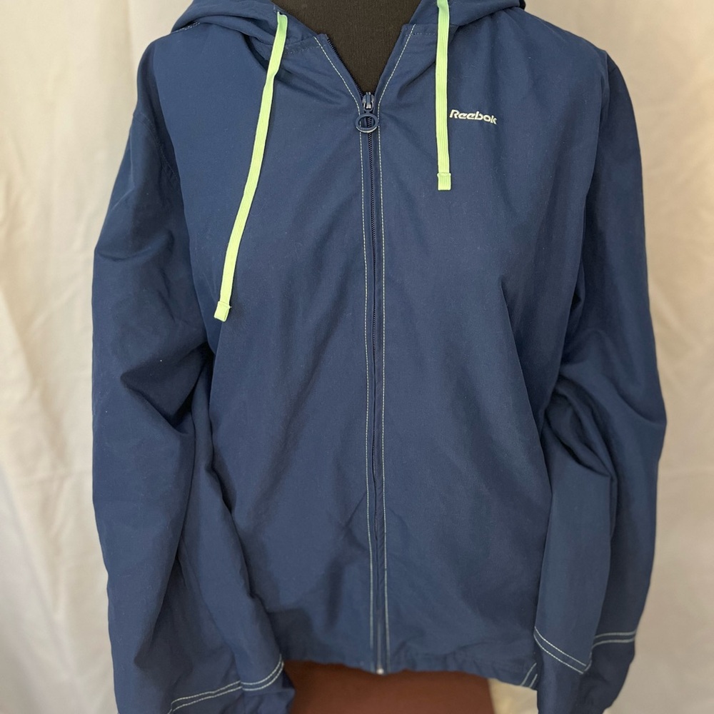 Reebok Navy Zip-Up Windbreaker Jacket with Lime Drawstrings